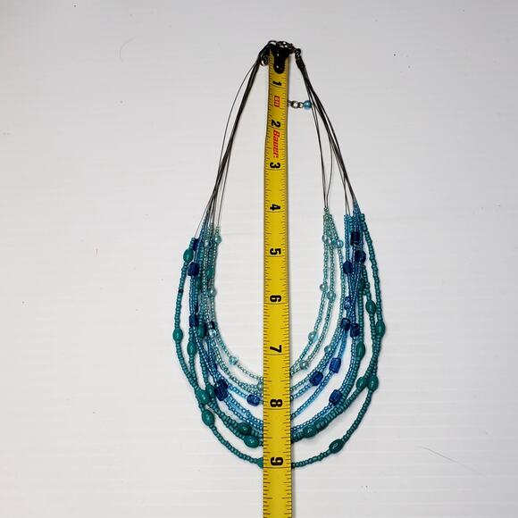 Dainty Multi Strand Blue Seed Bead Necklace 14" - Picture 4 of 4